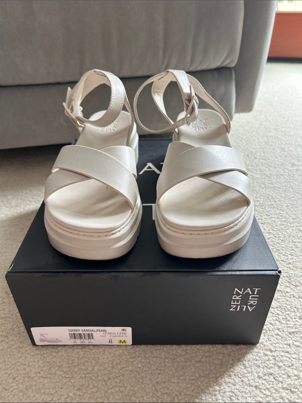 Naturalizer Pearl White Crisscross Platform Sandals with Ankle Strap